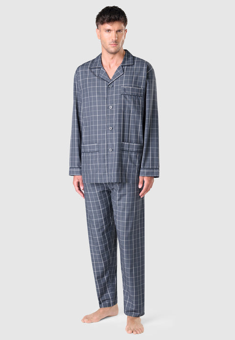 2984 - Pyjama long à rabat en popeline à carreaux pour hommes - Gris