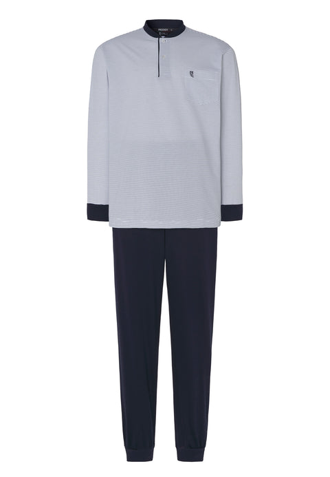 Premium Long Men's Pajamas with Striped Knit Placket - Blue 5102_39