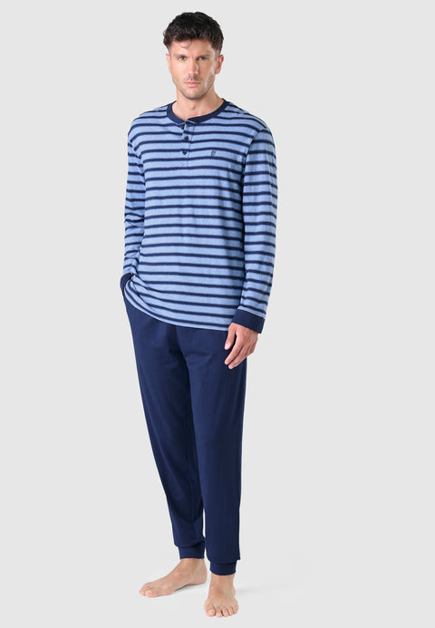 Men's Long Striped Knitted Placket Pajamas - Blue 5308_36