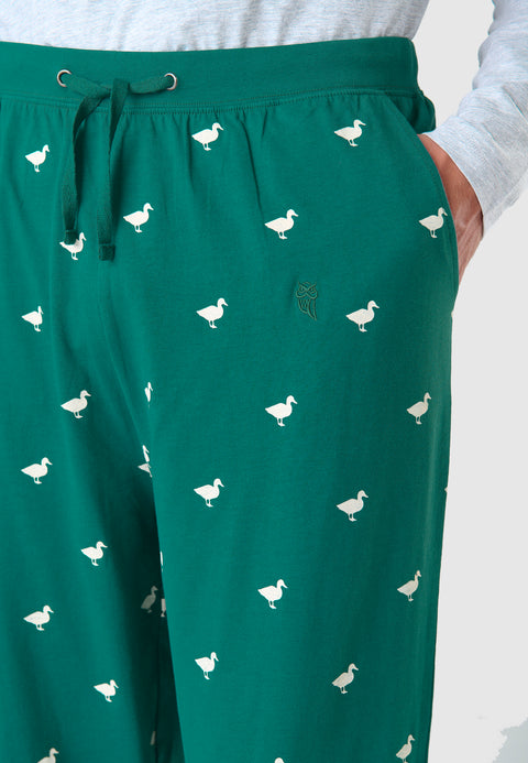 ▷ Men's Long Knitted Pajama Pants, Green Ducks Print