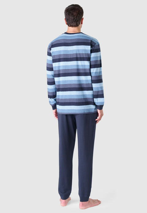 5577 - Pyjama long à rayures pour homme avec patte de boutonnage en tricot - Bleu