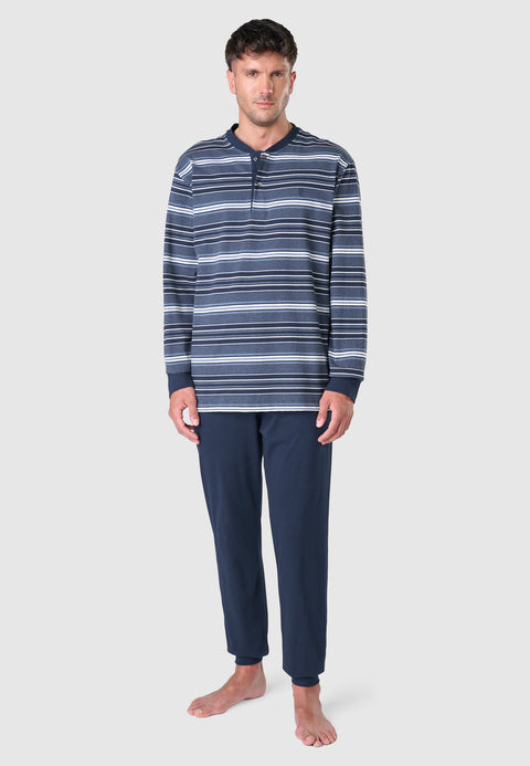 55027 - Pyjama long d'hiver pour homme en tricot de qualité supérieure avec patte de boutonnage - Rayures bleues mélangées