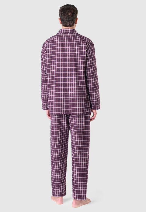 Men's Winter Long Plaid Flannel Lapel Pajamas - Red 2814_90