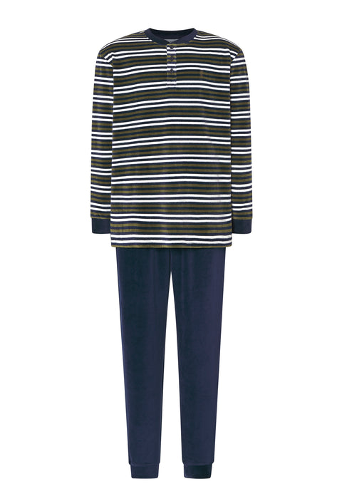 5734 - Long Striped Velvet Men's Pajamas - Olive green