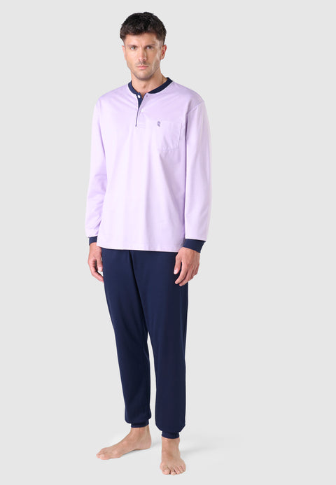 5104 - Pyjama long premium homme avec patte de boutonnage en tricot piqué - Mauve