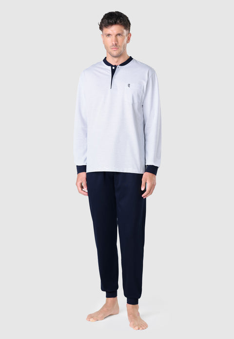 Premium langer Herren-Pyjama mit gestreifter Strickleiste – Blau 5102_39