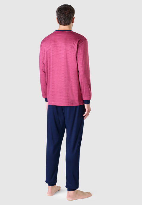 5100 - Long Premium Men's Pajamas with Printed Knitted Placket - Garnet