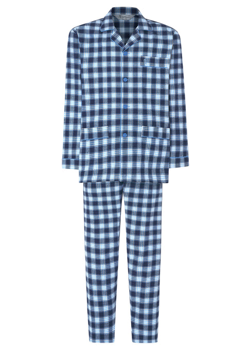 2812 - Pyjama long à rabat en flanelle à carreaux premium pour hommes - Bleu