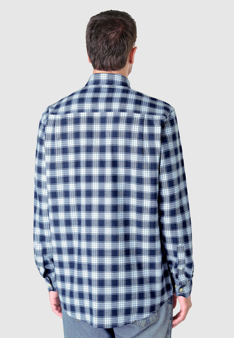 Camisa franela a cuadros de manga larga para hombre blanco y azul