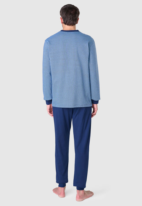 55026 - Men's Long Winter Pajamas Premium Knitted Placket - Blue Interlock