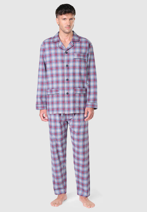 2813 - Long Premium Men's Pajama with Checked Flannel Lapel - Red