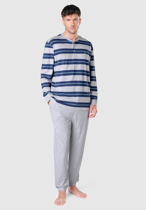 Men's Long Striped Knitted Placket Pajamas - Gray 5578_20