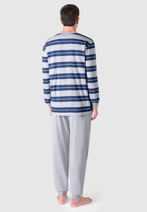 Men's Long Striped Knitted Placket Pajamas - Gray 5578_20