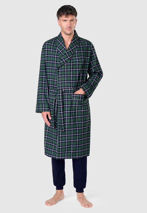 0804 - Men's Winter Premium Flannel Double Combed Checkered Dressing Gown - Green