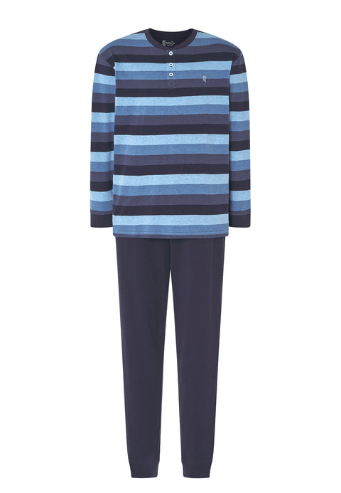 5577 - Pyjama long à rayures pour homme avec patte de boutonnage en tricot - Bleu