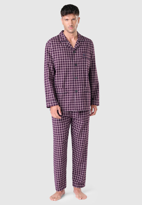 2814 - Long Premium Men's Pajama with Checked Flannel Lapel - Garnet