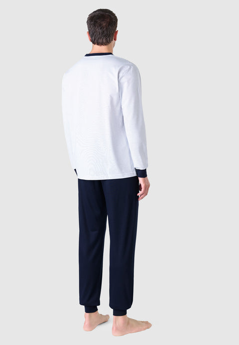 Premium Long Men's Pajamas with Striped Knit Placket - Blue 5102_39