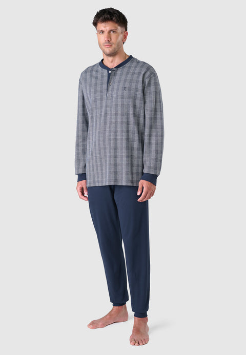 55028 - Pyjama long d'hiver pour homme en tricot haut de gamme avec patte de boutonnage - Interlock à carreaux