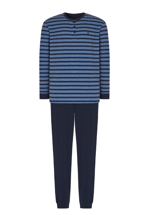 Men's Long Striped Knitted Placket Pajamas - Blue 5308_36