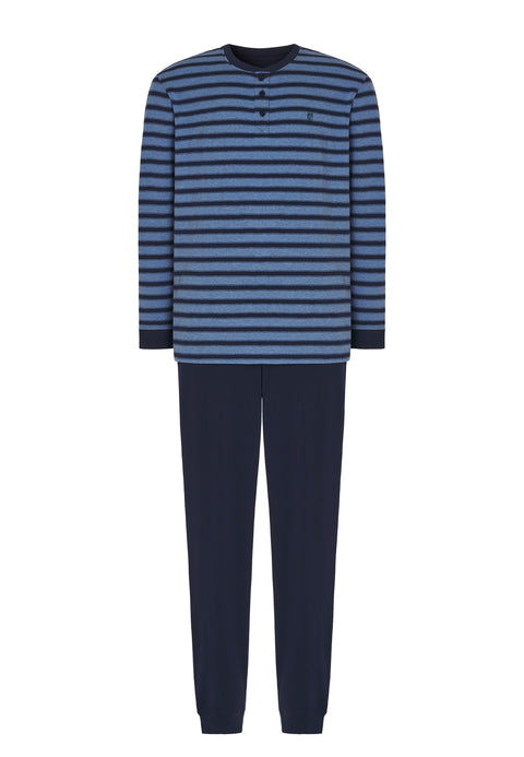5308 - Long Man Pajama with Striped Knitted Placket - Blue