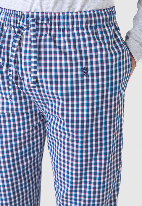 Men's Long Checked Poplin Pajama Pants - Blue 8915_38