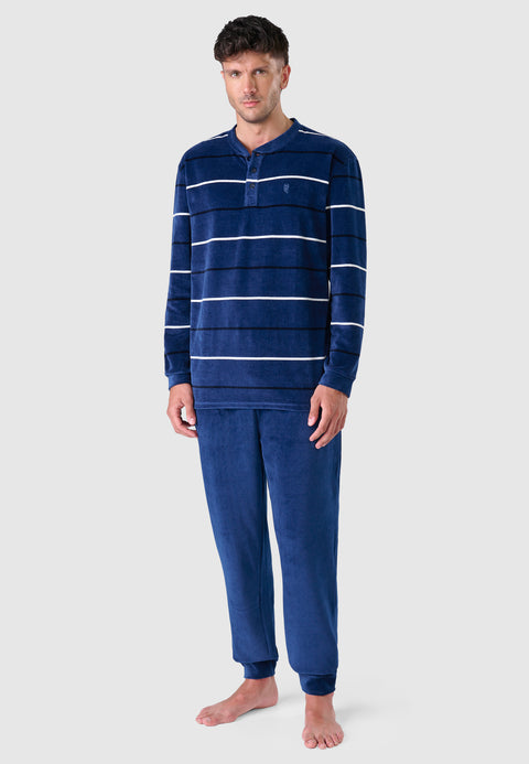 5732 - Striped Velvet Long Men's Pajamas - Navy Blue