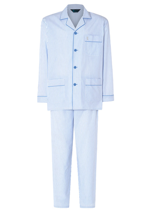 Men's Long Striped Poplin Lapel Pajamas - Blue 2985_33