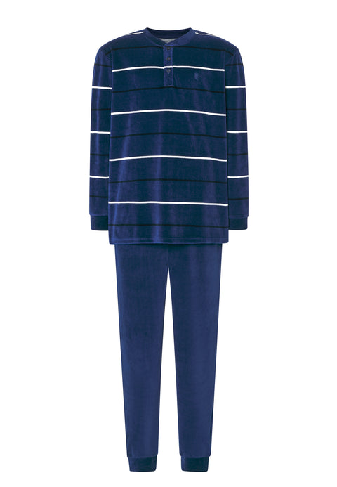 5732 - Striped Velvet Long Men's Pajamas - Navy Blue