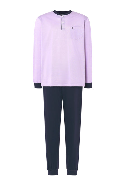 5104 - Pyjama long premium homme avec patte de boutonnage en tricot piqué - Mauve