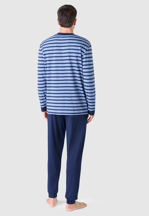 5308 - Long Man Pajama with Striped Knitted Placket - Blue