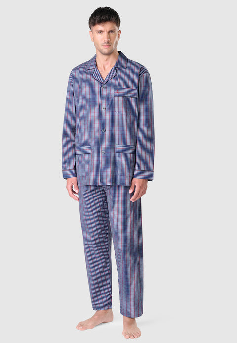 2986 - Pyjama long à revers en popeline à carreaux pour hommes - Bleu