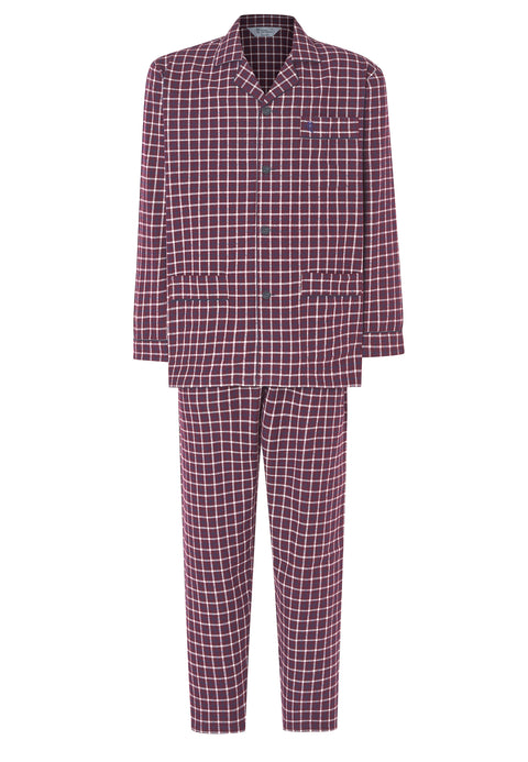 Men's Winter Long Plaid Flannel Lapel Pajamas - Red 2814_90
