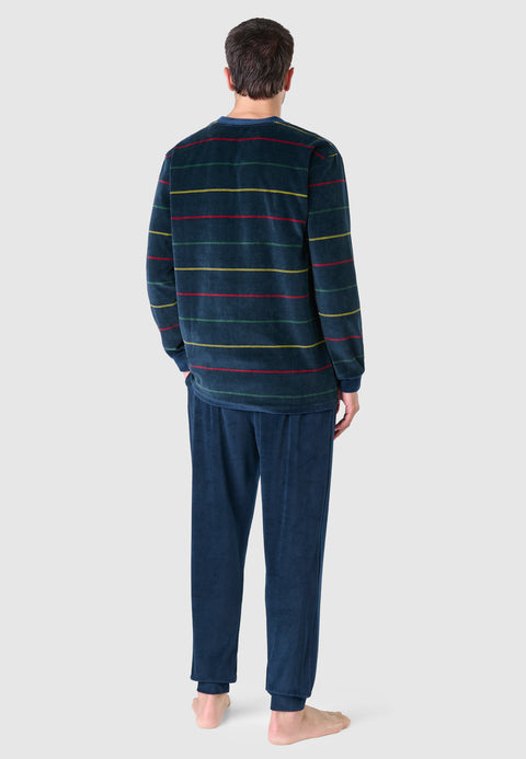 Pijama Hombre Invierno Largo Terciopelo Rayas - Azul 5735_39