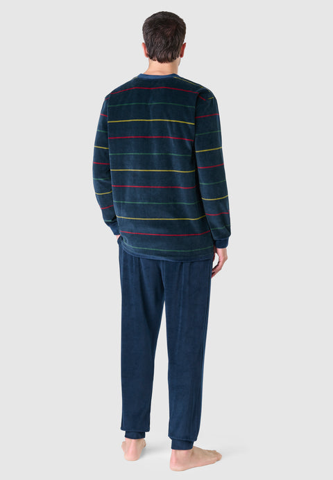 Men's Long Striped Velvet Winter Pajamas - Blue 5735_39