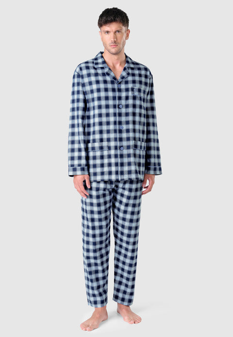 2812 - Pyjama long à rabat en flanelle à carreaux premium pour hommes - Bleu