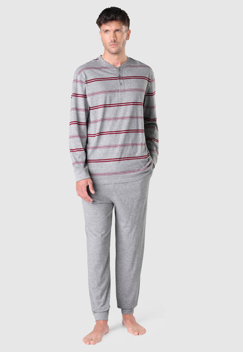 5576 - Pyjama long à rayures pour homme avec patte de boutonnage en tricot - Gris