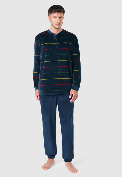 5735 - Long Striped Velvet Man Pajama - Navy