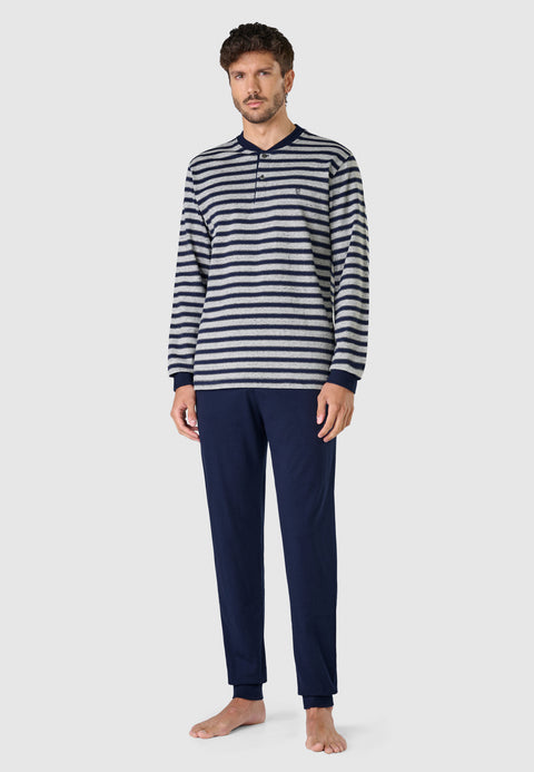 55024 - Pyjama long hiver homme en tricot premium avec patte de boutonnage - Gris Rayures Bleu Clair