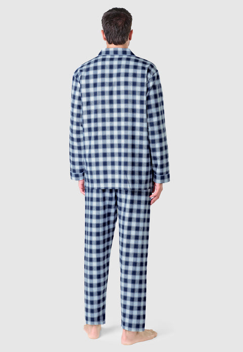 Men's Winter Long Plaid Flannel Lapel Pajamas - Blue 2812_36