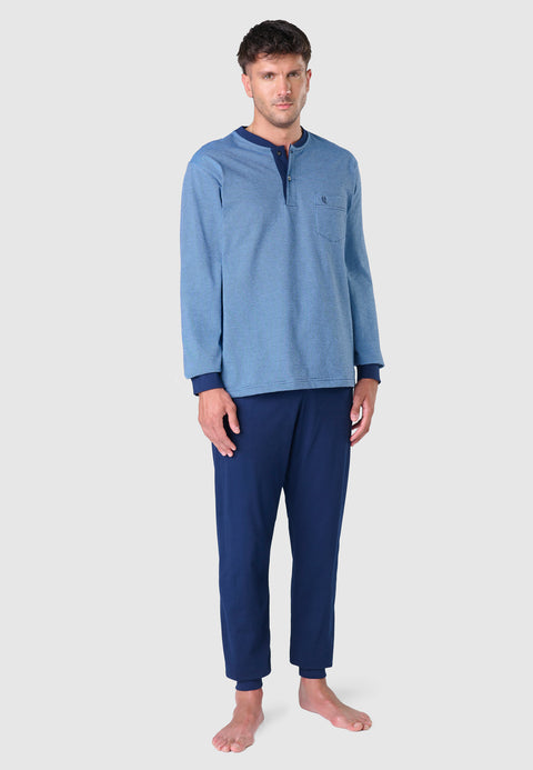 55026 - Pigiama lungo invernale da uomo con abbottonatura in maglia premium - Interlock blu