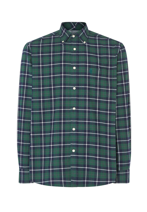 Men's Long Sleeve Shirt with Pocket Checked Flannel Cotton - Green 0402_44