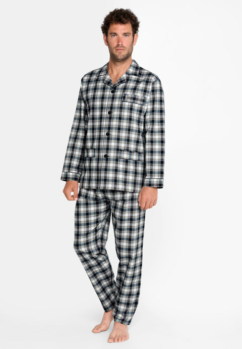 Pijama Hombre Largo Premium Tela Solapa Franela Invierno Gris Marino Cuadros