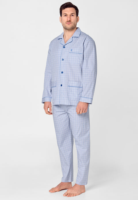 Men's Long Plaid Poplin Lapel Pajamas - Blue 1528_30