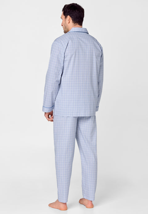 1528 - Men's Pajama Long Lapel Poplin Checks - Light Blue