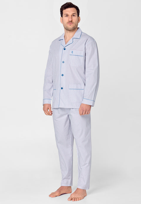 Men's Long Striped Poplin Flap Pajamas - Blue 1529_30