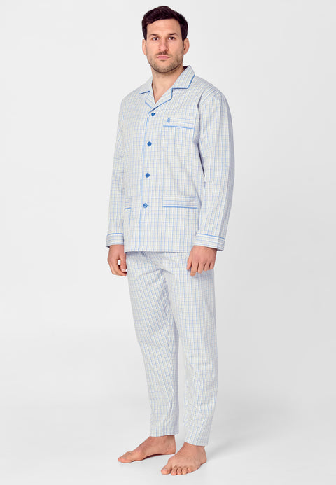 Men's Long Plaid Poplin Lapel Pajamas - Gray 1530_20