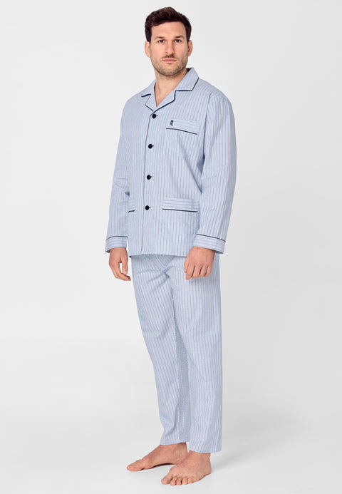Men's Long Striped Poplin Lapel Pajamas - Blue 1531_39