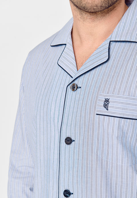Men's Long Striped Poplin Lapel Pajamas - Blue 1531_39