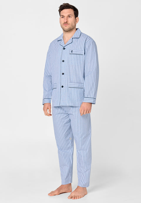 Men's Long Plaid Poplin Lapel Pajamas - Blue 1532_38