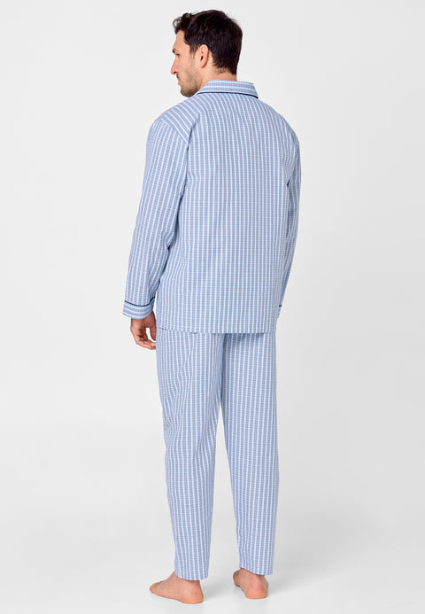 1532 - Pyjama Homme Revers Longs Popeline Carreaux Bleu